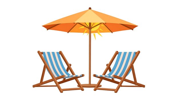 Beach scene with umbrella and chairs, sunny and relaxing, vector, cartoon-like