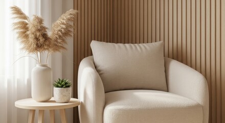 Cozy armchair with decorative pillow and plants in a modern room with textured walls