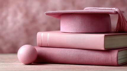 Pink scholarship award items, books, graduation cap