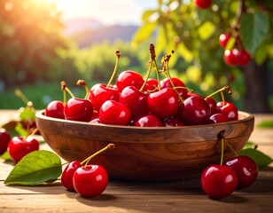 Bowl of bright red cherries with stems atop a rustic wooden surface with trees, greenery and sun