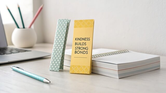 Minimalist bookmarks and notebook displaying words of kindness