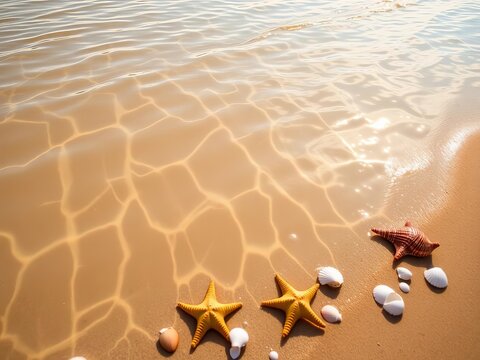 Water reflections on sandy beach with starfish and seashells lining the edge ,  seashells,  edge