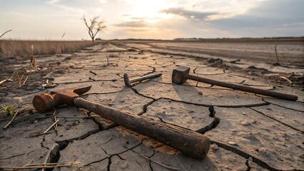 Rusted tools scattered on cracked earth at sunset in a dry field