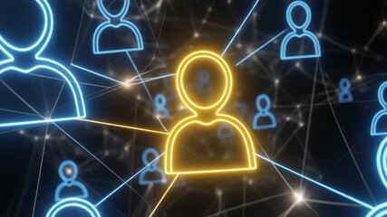 Digital network of connected user icons representing social media, online communities, and global communication with a highlighted central figure - Powered by Adobe