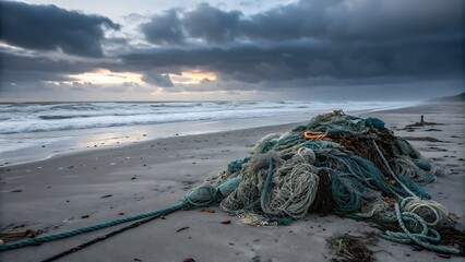 Tangled fishing nets washed ashore on a sandy beach