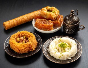 Assortment of middle eastern pastries arranged on a black background with an ornamental metal vessel