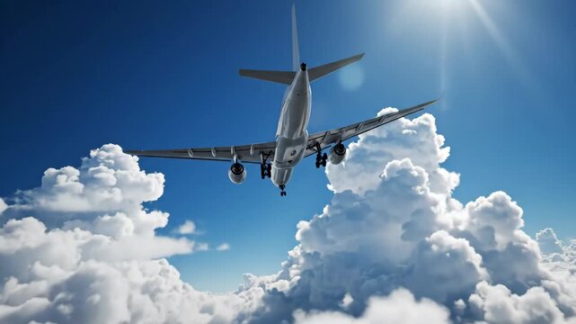 Airplane Taking Off on Sunny Day - A low angle shot shows an airplane ascending into a blue sky with fluffy cumulus clouds on a bright sunny day. The plane is silver with landing gear down.