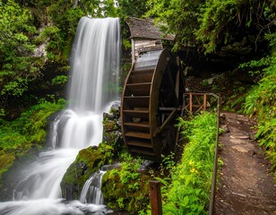 Cascading waterfall beside a rustic watermill nestled within lush green forest, enhanced with soft, flowing water effect