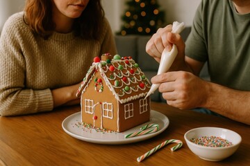 Festive gingerbread house creation