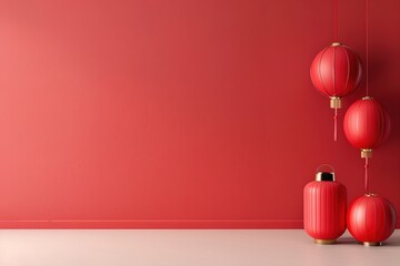 Festive red lanterns hang gracefully in the corner against a striking red gradient wall. This scene evokes warmth and celebration, ideal for cultural events or holidays