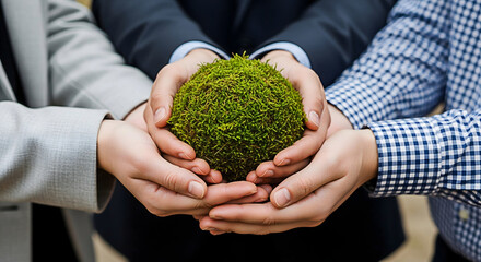Hands holding moss ball teamwork environment sustainability green business collaboration eco friendly growth 100