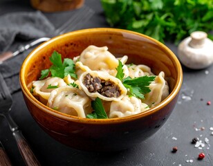 Bowl of dumplings with meat filling, garnished with parsley, on a dark surface, surrounded by herbs