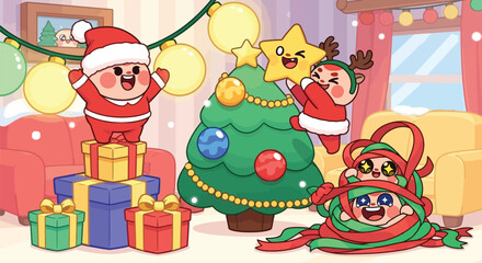 Adorable Christmas cartoon characters decorating a vibrant tree, wrapped in ribbons, and celebrating the joyful holiday season with gifts and cheer