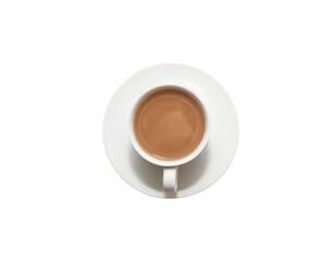 White cup on a white saucer with coffee and milk, isolated on white background, top view. Minimalist composition for concepts of morning drink, freshness, and cozy cafe lifestyle.