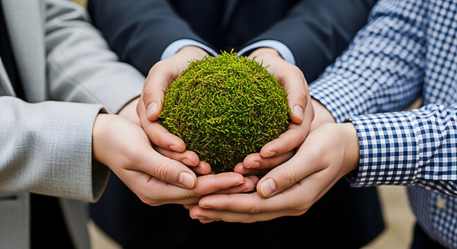 Hands holding moss ball teamwork environment sustainability green business collaboration eco friendly growth 100