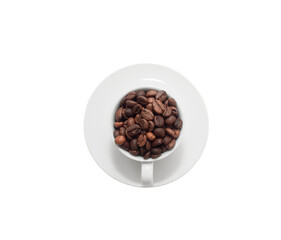 White cup on a white saucer with roasted coffee beans, isolated on white background, top view. Minimalist composition for concepts of morning coffee, freshness, and cozy breakfast.