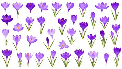 Assortment of purple crocus flowers, with green stems, facing various directions, on a white background