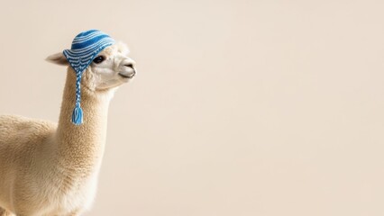 Naklejka premium Alpaca wearing a blue and white knitted hat with tassels. Cute animal portrait for Hanukkah celebration and holiday card design. Adorable alpaca profile.