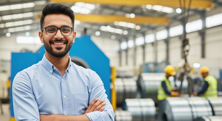 A confident factory manager stands with folded arms in a modern manufacturing plant, surrounded by large industrial reels