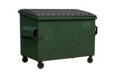 Green commercial dumpster on wheels for waste management and rubbish disposal, transparent background