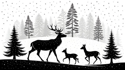 Majestic Deer Family in Snowy Winter Forest Silhouette