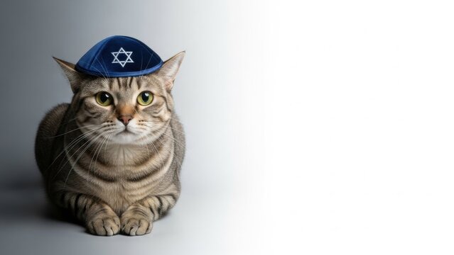Whiskered cat wearing a blue kippah with star of david symbol, representing Hanukkah and Jewish culture.