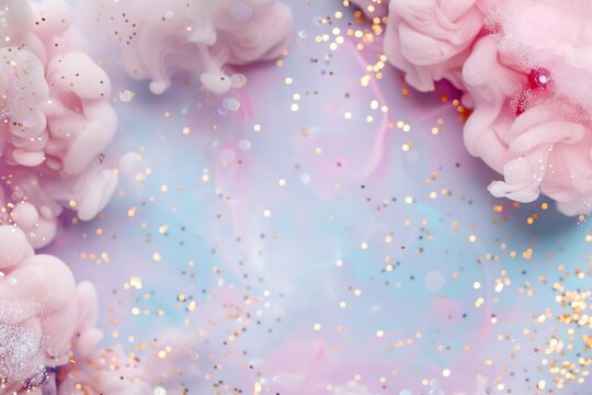 Soft pink and purple swirls blend together with shimmering confetti, creating a vibrant and festive background perfect for party settings, crafts, or digital designs