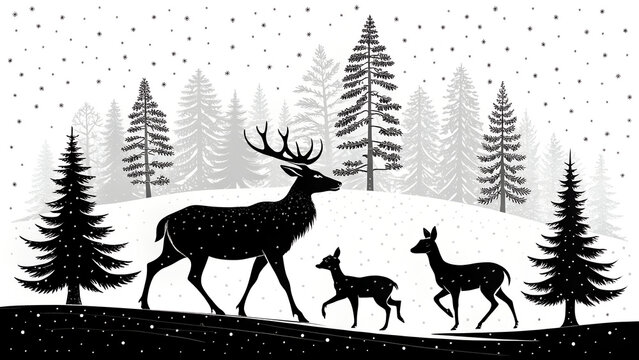 Majestic Deer Family in Snowy Winter Forest Silhouette