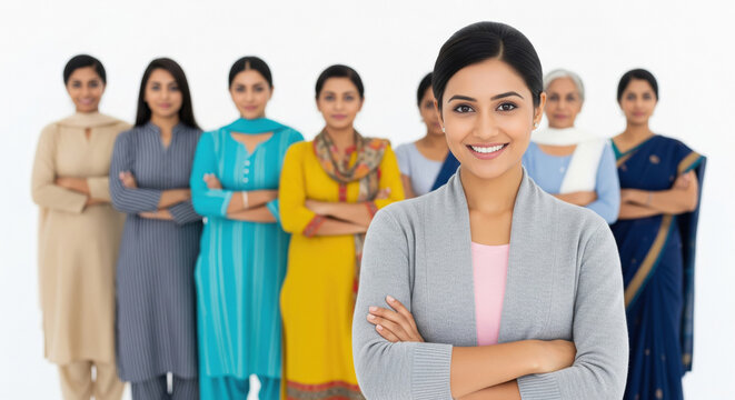 A confident Indian woman stands at the front with arms crossed, backed by a diverse group of women in colorful traditional attire