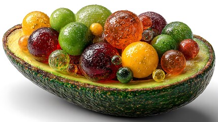 Creative avocado half filled with colorful gummy candies