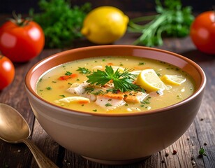 Bowl of fish soup with lemon and parsley garnish, next to tomatoes, lemon, and parsley, on a dark wood table