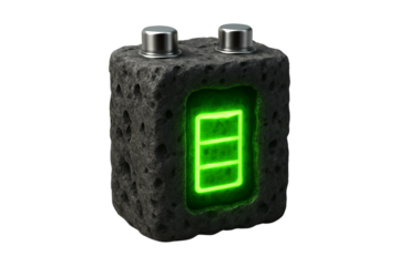 Stone Battery. Industrial Green Energy. Sustainable Power Source. An isolated rough stone battery with a bright green charge indicator as a PNG clip art on a transparent background