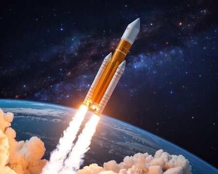 Rocket Launching Into Space With Earth Below spaceship - Powered by Adobe