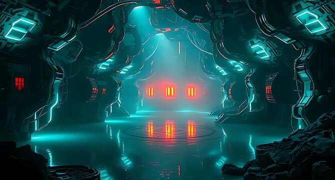 A futuristic environment showcasing a digital hologram network with glowing blue lights and advanced technology. The image emphasizes the high-tech aesthetic of a world filled with digital innovation.