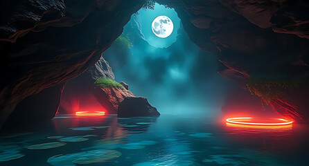 A futuristic cave entrance illuminated with neon red lighting, giving it a sci-fi, high-tech aesthetic. The contrast between the glowing neon lights and the dark cave creates a striking.