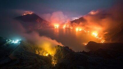 Fototapeta premium Dramatic Nightscape - Volcanic Eruption Illuminates Lake with Fiery Glow and Smoke.