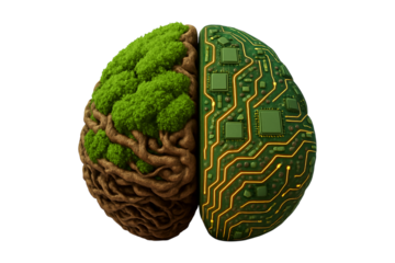 Nature Technology Brain. Innovative Concept. Future Thinking. An isolated brain combining organic nature and digital circuit board elements as a PNG clip art on a transparent background 