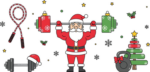 Santa Claus lifting Christmas ornaments as weights for holiday fitness promotions and festive gym advertising, with jump rope and kettlebell