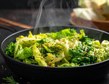 Saut&eacute;ed green cabbage with sesame seeds in a black pan with steam rising salad food