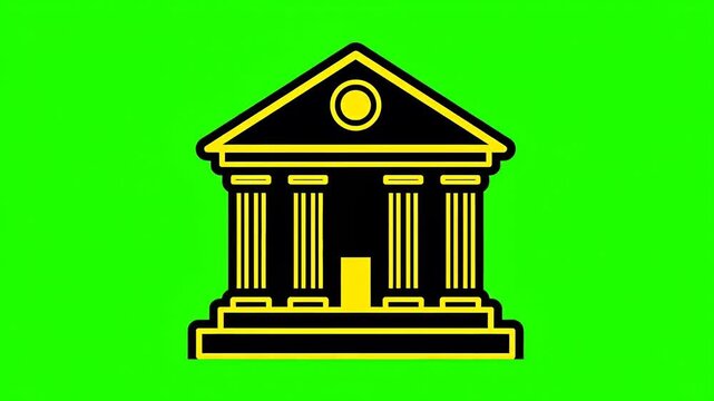A black and yellow icon of a building with columns and a triangular roof, set against a vibrant green background