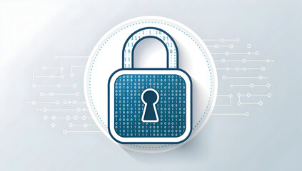 Digital security padlock icon featuring binary code data flow on a modern technological background