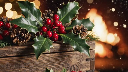 Festive Holly and Berries on Wooden Box - A close-up shot shows a festive wooden box adorned with holly leaves, red berries, and pinecones. - Powered by Adobe