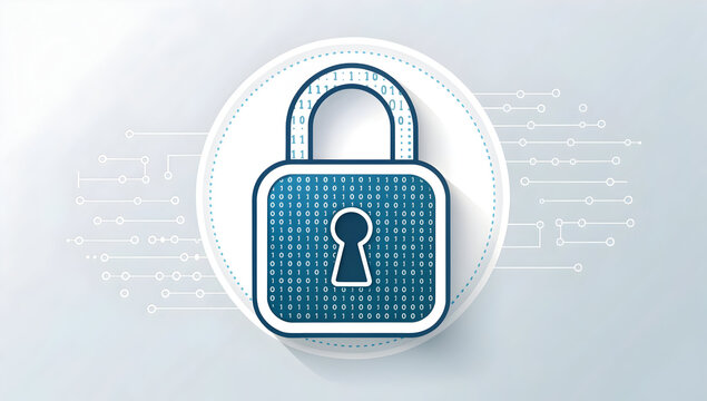 Digital security padlock icon featuring binary code data flow on a modern technological background