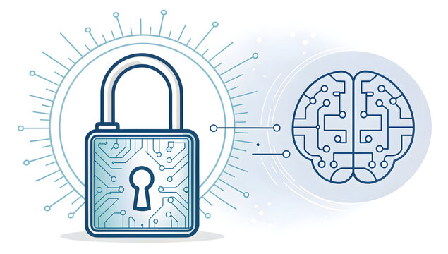 Digital security padlock with circuit board texture linked to an artificial intelligence brain concept