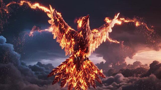 Fiery Phoenix Rising - A phoenix made of fire rises against a dark, cloudy sky, its wings spread wide. The mythical bird glows intensely with flames, making for a dramatic and powerful video.