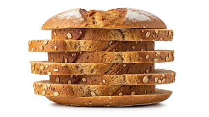 Stack of freshly baked artisan sourdough bread slices with oats and seeds.