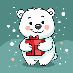 vector illustration of cute polar bear holding gift.
