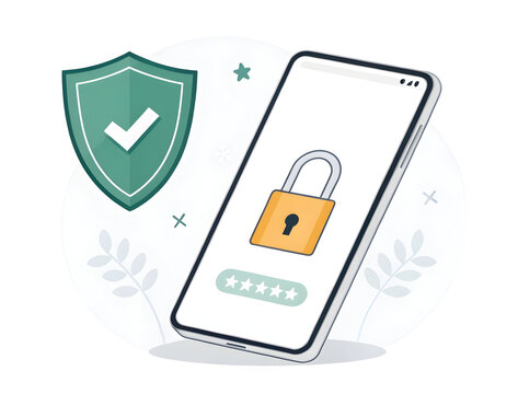 Mobile phone showing a secure login screen protected by a large shield icon representing digital security and online privacy