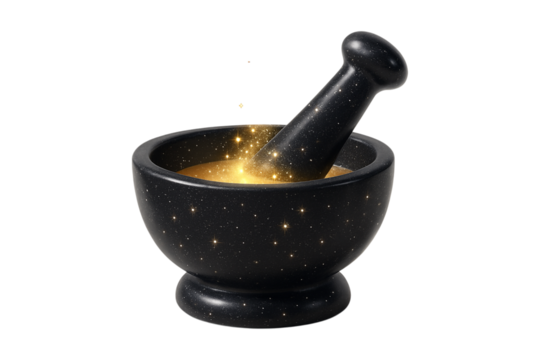 Magical Mortar and Pestle. Enchanting Alchemy. Potion Preparation. An isolated magical mortar and pestle with golden sparkles as a PNG clip art on a transparent background for crafting spells.