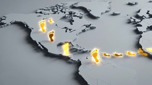Digital 3d world map with glowing footprints showing transatlantic path